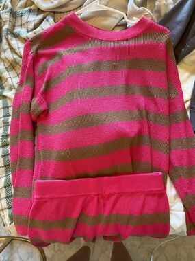 Amazon Women's Fuchsia and Brown Striped Crewneck Sweater